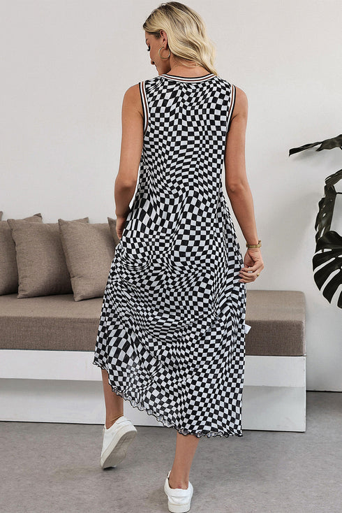 Multicolour Leopard Checkered Double Printed Reversible Sleeveless Long Dress